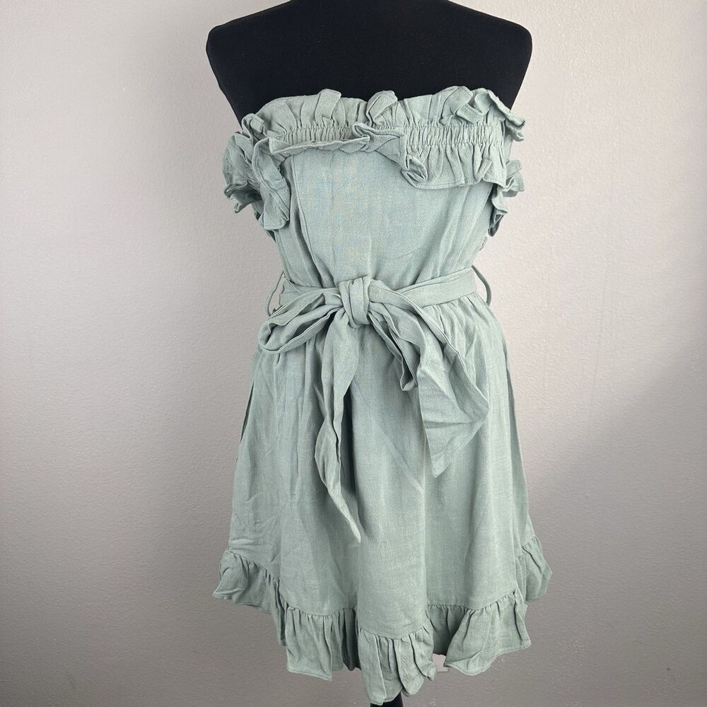 Fashion Nova Strapless Ruffle Romper in Sage Green